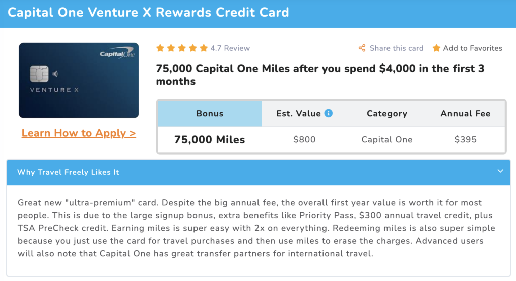 Description of Capital One Venture X Travel Credit Card benefits.