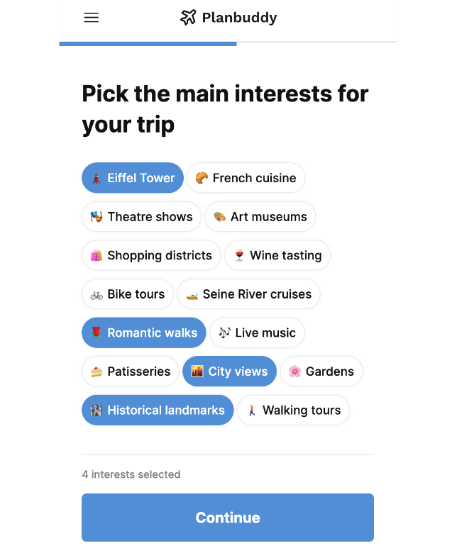 Question asking main interests on trip