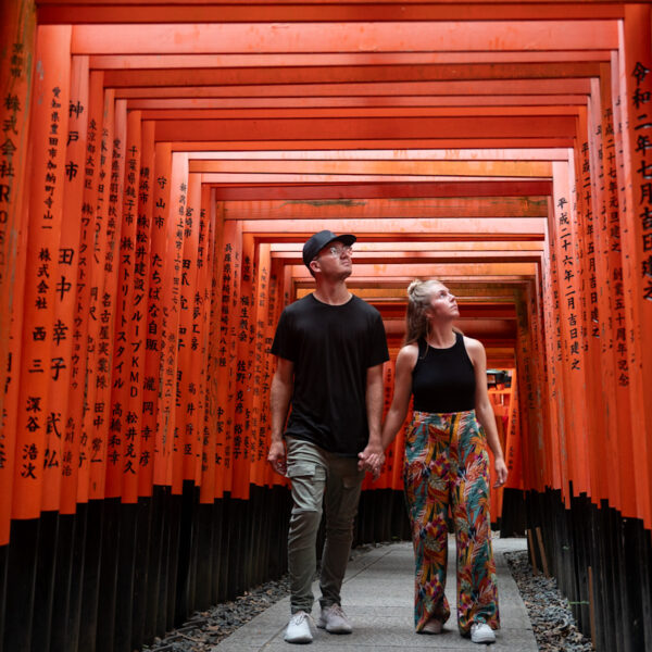 Me and my partner walking through Fushimi Inari Shrine in kyoto during our 10 day Japan itinerary.