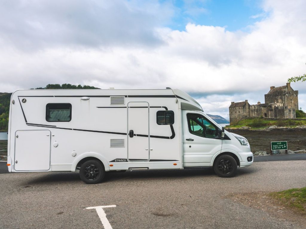 Our motorhome in front of Eileen Donan Castle