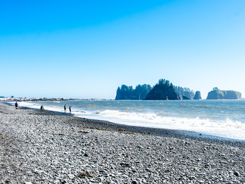 People walking along the rocky shoreline at Rialto Beach in Olympic National Park, with sea stacks rising offshore under a clear blue sky, a dramatic coastal stop on a Pacific Northwest road trip.