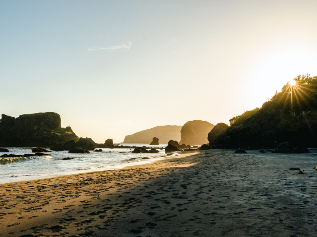 Golden hour on a secluded beach with sea stacks and rugged cliffs along the Oregon Coast, a scenic stop on a Pacific Northwest road trip.