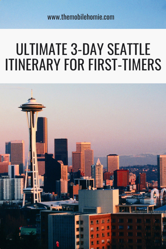 Seattle skyline with the Space Needle at sunset, promoting a 3-day Seattle travel guide for first-timers