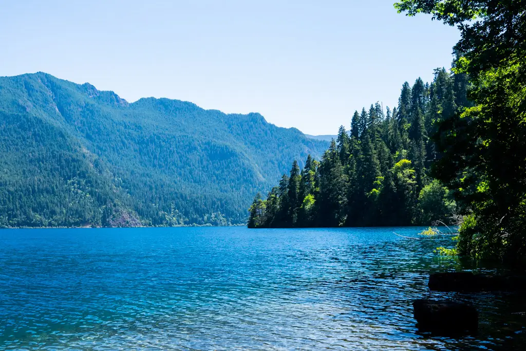 Crystal-clear blue waters of Crescent Lake surrounded by evergreen forests and mountain peaks on a sunny day in Central Oregon, offering a peaceful lakeside view.