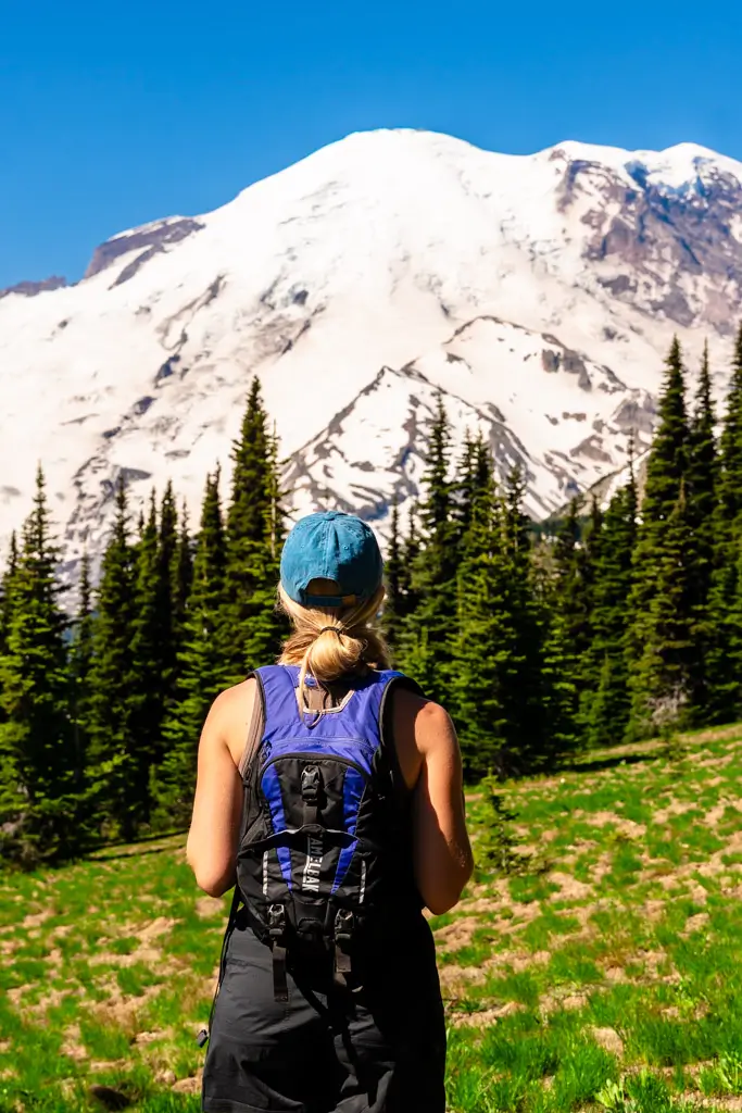 A hiker overlooking the snow-covered summit of Mount Rainier from the Sourdough Ridge Trail, surrounded by alpine meadows and evergreen trees in the Sunrise area of Mount Rainier National Park, Washington.