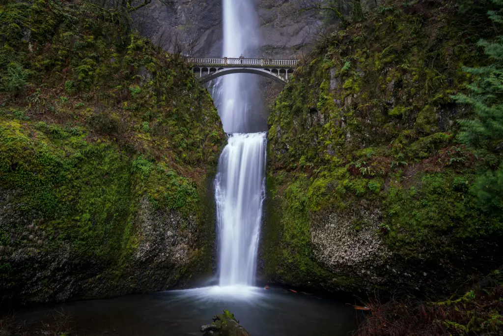 Multnomah Falls flowing in two tiers beneath the historic Benson Bridge, surrounded by lush moss-covered cliffs and evergreen forest in the Columbia River Gorge, Oregon.