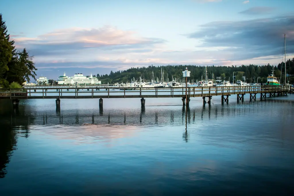 The Winslow waterfront on Bainbridge Island, Washington, with the Washington State Ferry terminal, marina, and a wooden pier overlooking Eagle Harbor at sunset.