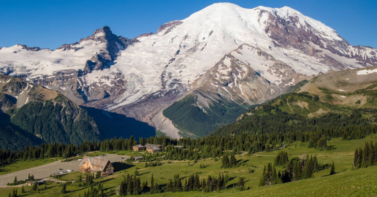 Snow-covered Mount Rainier towering above green alpine meadows at Sunrise Mount Rainier National Park, with the visitor center and surrounding forest in view under a clear blue sky.