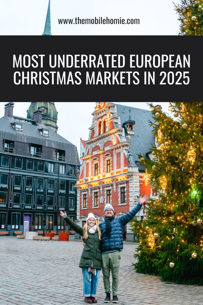 A smiling couple poses with arms raised in front of a glowing Christmas tree in Riga’s Old Town, with historic buildings behind them and the title “Most Underrated European Christmas Markets in 2025” above — the perfect kickoff to a festive European travel guide.
