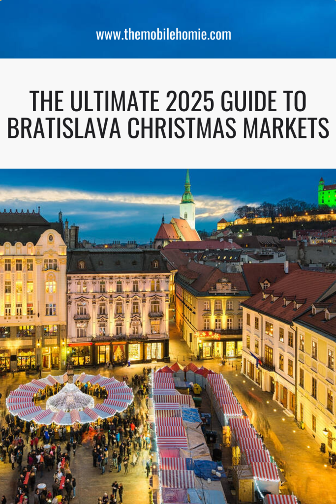 Aerial view of the Bratislava Christmas markets at dusk with red-and-white striped stalls, a lit-up holiday pavilion, and historic buildings, used as a blog graphic for The Ultimate 2025 Guide to Bratislava Christmas Markets.