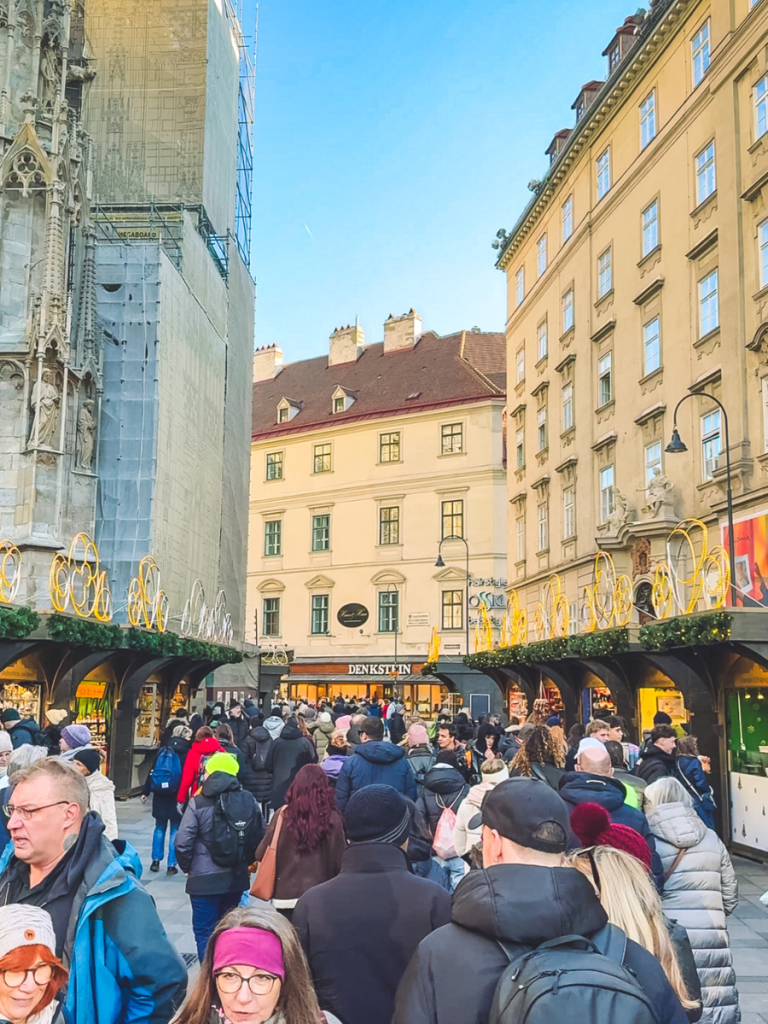 Shoppers crowd the festive stalls of the Stephansplatz Christmas Market in Vienna’s historic city center, with golden decorations, historic buildings, and cathedral stonework visible.