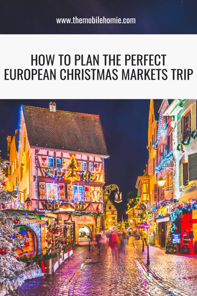 Colorful Christmas street scene in Colmar, France, with festive lights, half-timbered buildings, and blog title overlay promoting a European holiday planning guide