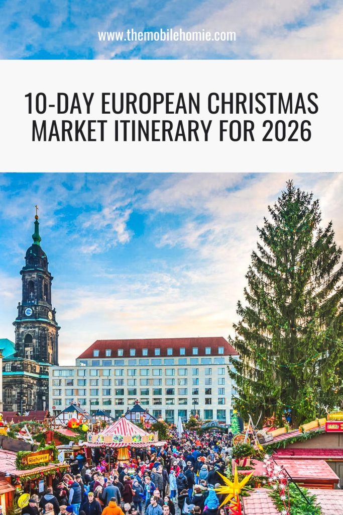 Pinterest cover image featuring a festive European Christmas market scene with colorful stalls, a tall Christmas tree, and historic buildings, promoting a 10-day European Christmas market itinerary for 2026.