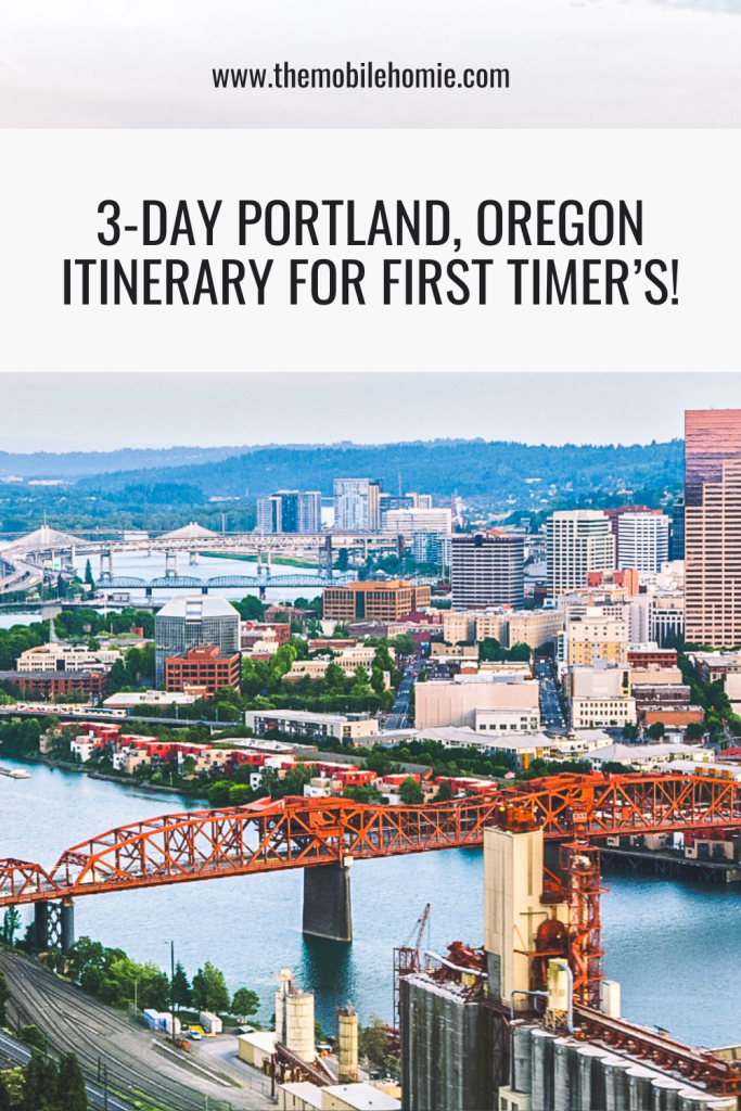 Graphic showing the Portland skyline, river bridges, and downtown buildings with a headline promoting a three-day itinerary for first-time visitors