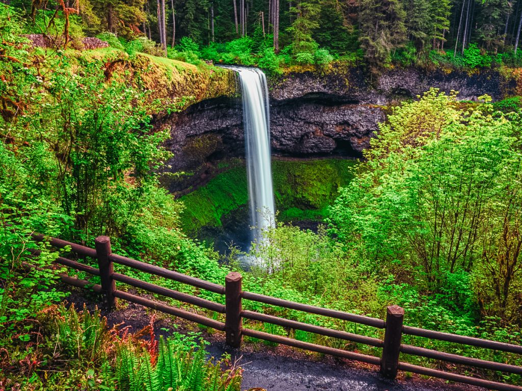 South Falls cascading into a lush green canyon surrounded by mossy cliffs, forest trees, and a wooden overlook railing at Silver Falls State Park