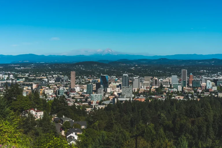 Panoramic view of the downtown Portland, Oregon skyline from Pittock Mansion, with Mount Hood rising in the distance and dense evergreen forests surrounding the city.