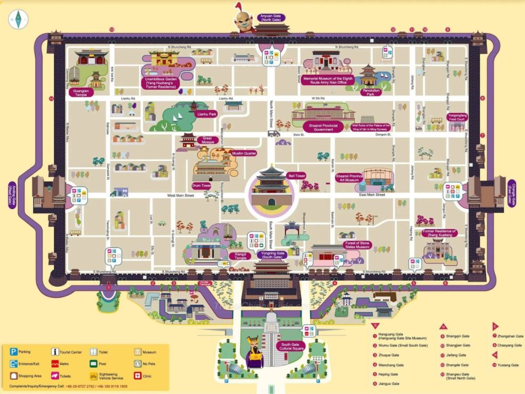 Illustrated map of Xi’an’s historic city center showing the City Wall, South Gate entrance, Bell Tower, Drum Tower, Muslim Quarter, parks, museums, and major streets with labeled attractions and visitor amenities.