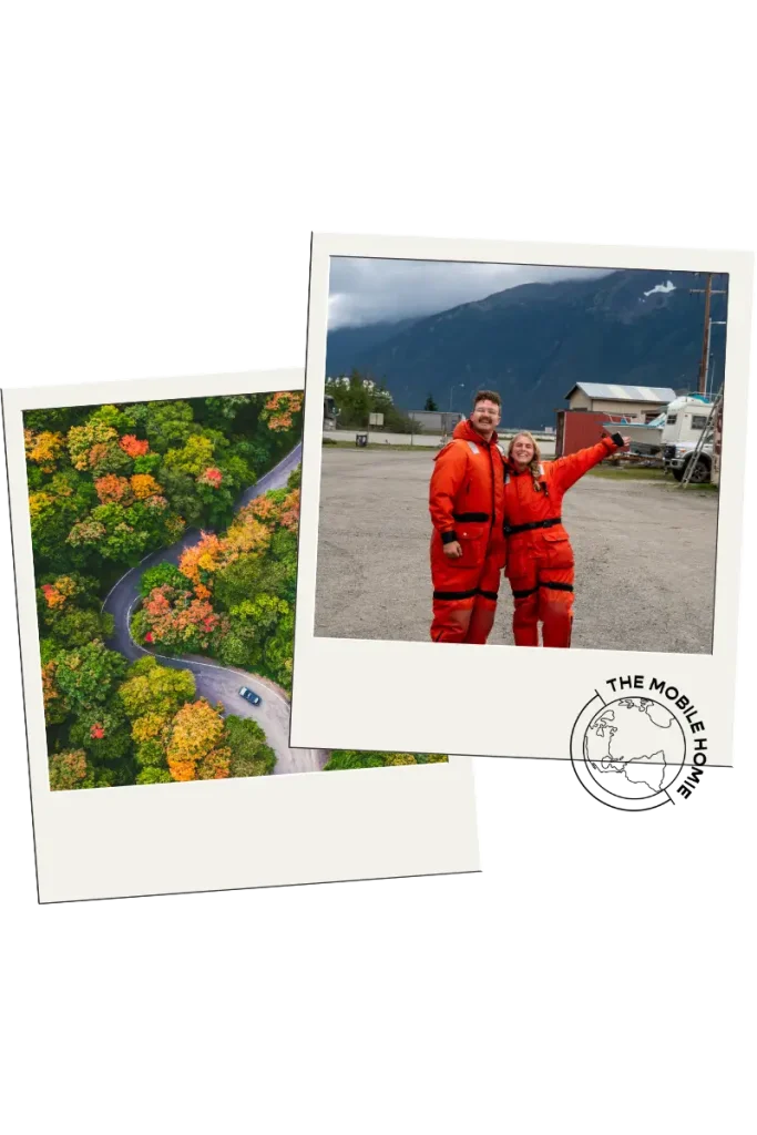 Collage of two travel photos featuring colorful fall foliage along a winding road and a couple wearing survival suits during an adventure excursion in Alaska.