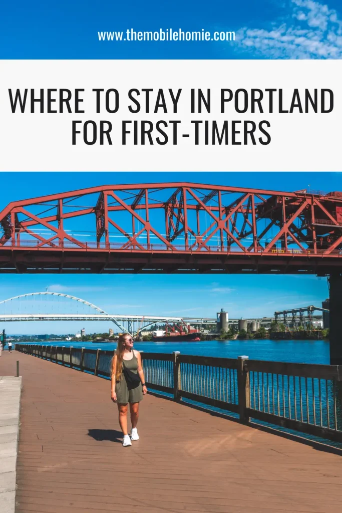 Jordyn of The Mobile Homie walking along the Portland waterfront beneath the Steel Bridge in Portland, Oregon